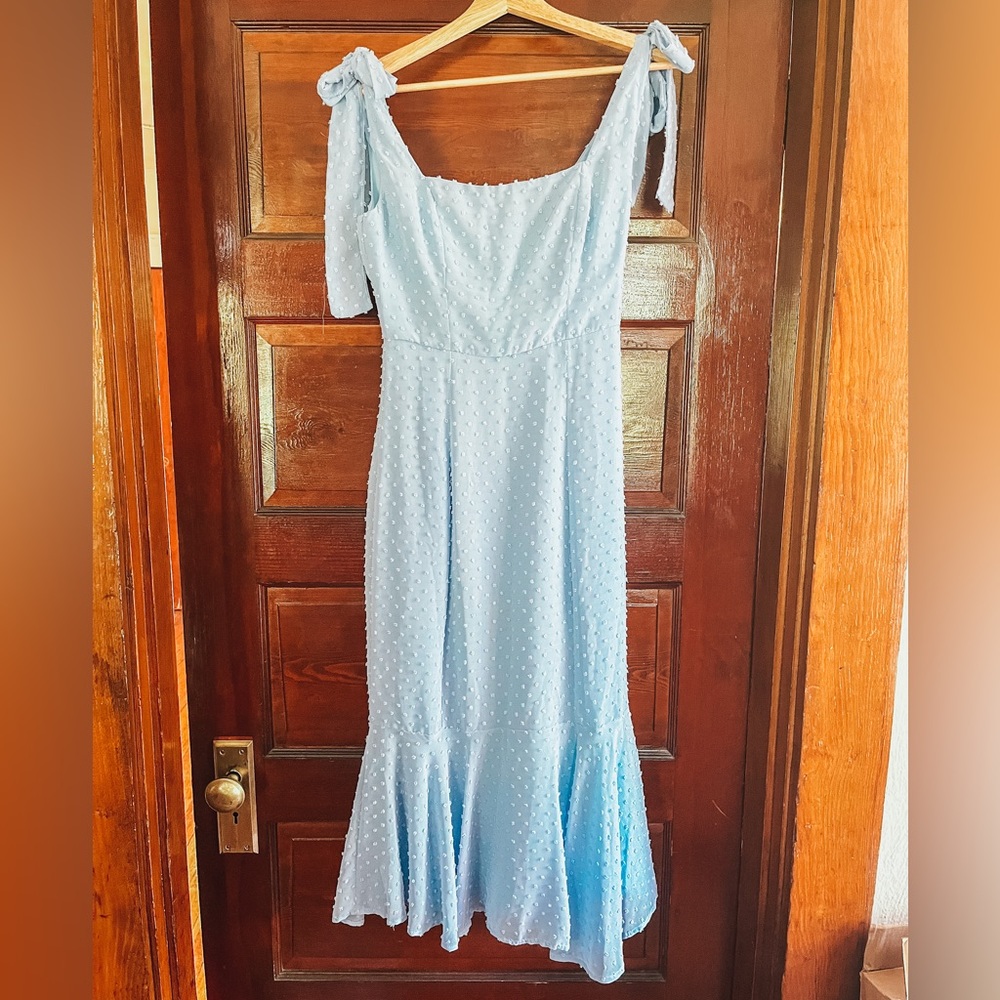 Lulu’s Periwinkle Swiss Dot Midi Dress